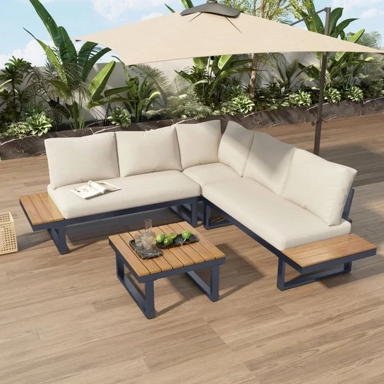 Set di mobili per giardino - Acciaio galvanizzato - Legno di teak - Regolabile - Tavolo da salotto