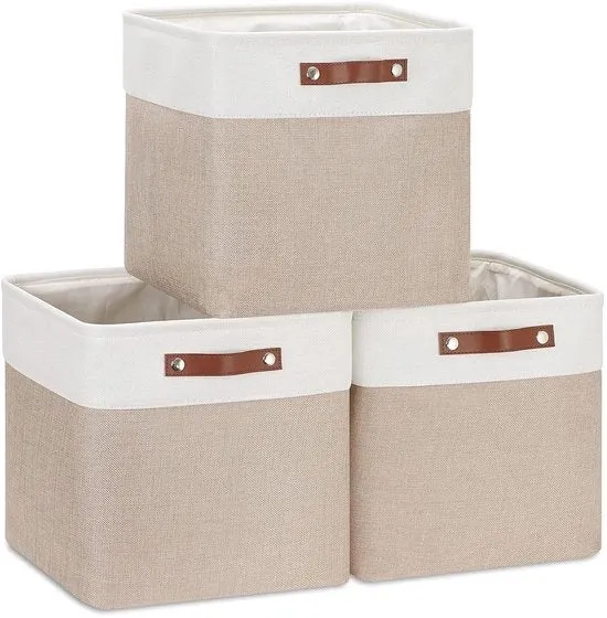 Set di contenitori di archiviazione da 3 - multifunzionali - kaki e bianco - 28x28x28cm
