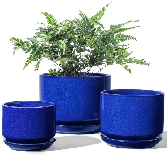 Set di vasi per piante con drenaggio - set da 3 - blu smeraldo - ceramico