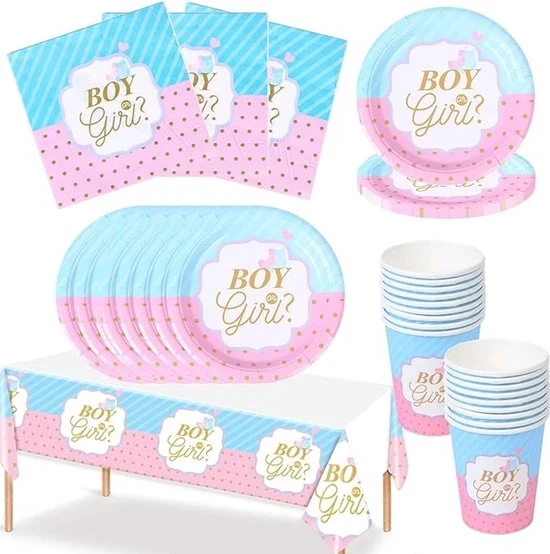 Set per rivelazione del sesso per 16 persone con piatti bicchieri tovaglioli decorazione di tavola rosa e blu