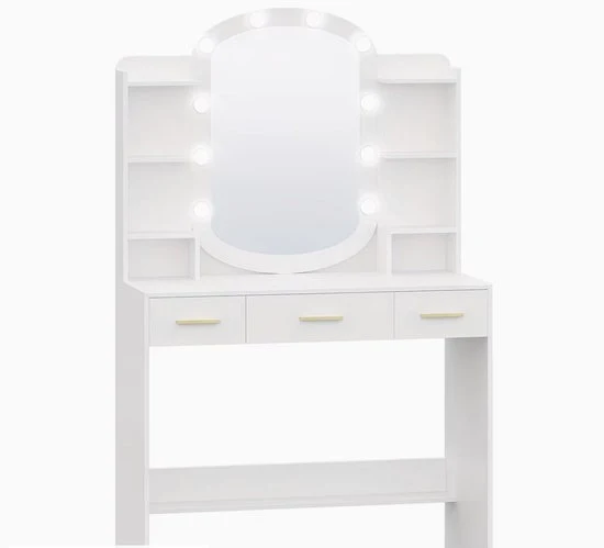 Specchio con 10 Lampade a LED – Regolazione Tridimensionale della Luminosità – 3 Prese e 6 Comparti di Deposito Aperti – Grande Specchio Ovale – Tela Bianca – 40 × 90 × 144 cm