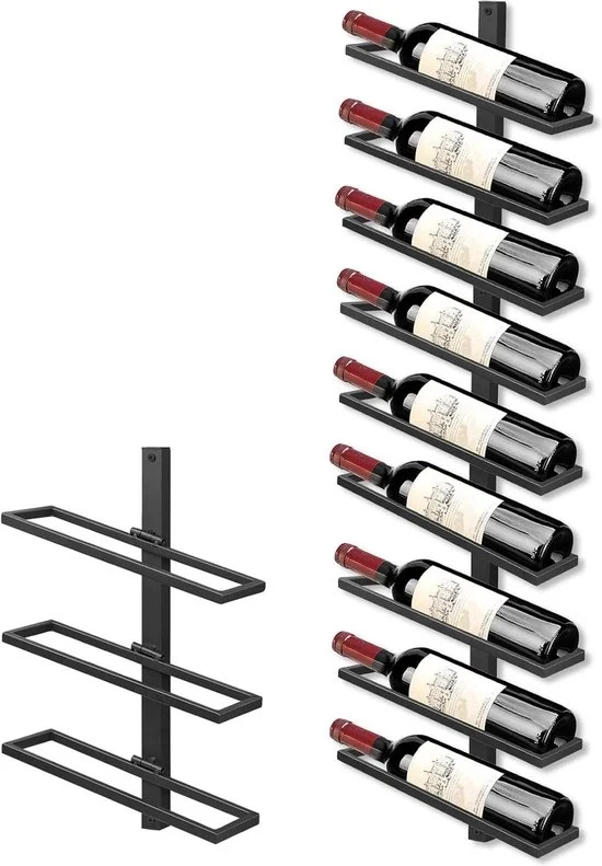 Wijnrek metallico appeso per 9 bottiglie - supporto per vino per cucina e bar - set di 3