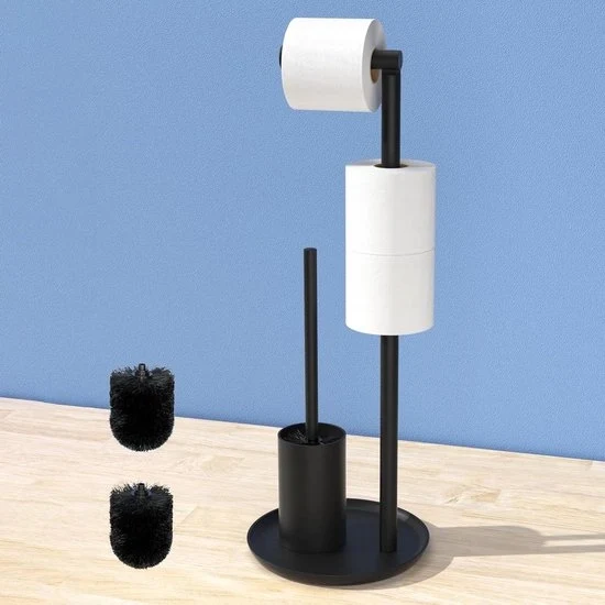 Supporto per carta igienica in posizione verticale con spazzolino per il water - Acciaio inossidabile - Set per il water in posizione verticale - Nero lucido water butler