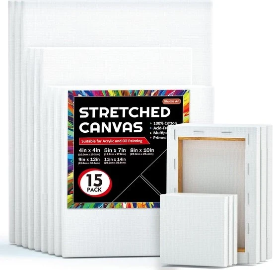 Pannelli di tela di canapa estensibili bianchi 15 in multipack - 4 x 4, 5 x 7, 8 x 10, 9 x 12, 28 x 30 cm - per acrilici e olio
