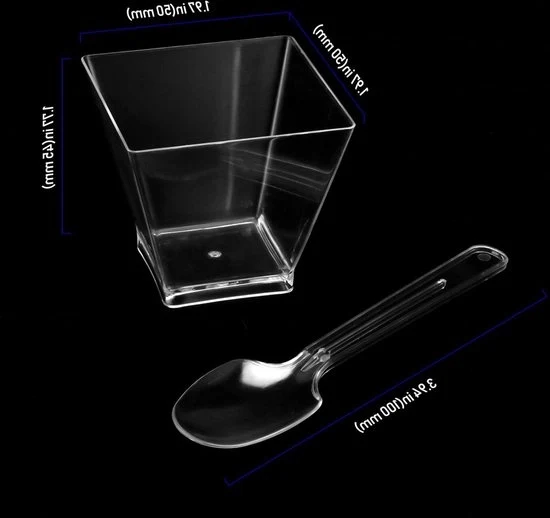 Mini vasi per dessert 60 ml 100 pezzi - Plastica trasparente - 100 cucchiai - Cheesecake - Mousse - Quadrato - Matrimonio - Compleanno