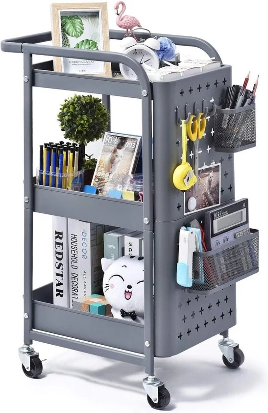Trolley 3 livelli per cucina - carrello multifunzionale composto da un carrello con piattaforma per cosmetici e ganci - ruote di parcheggio