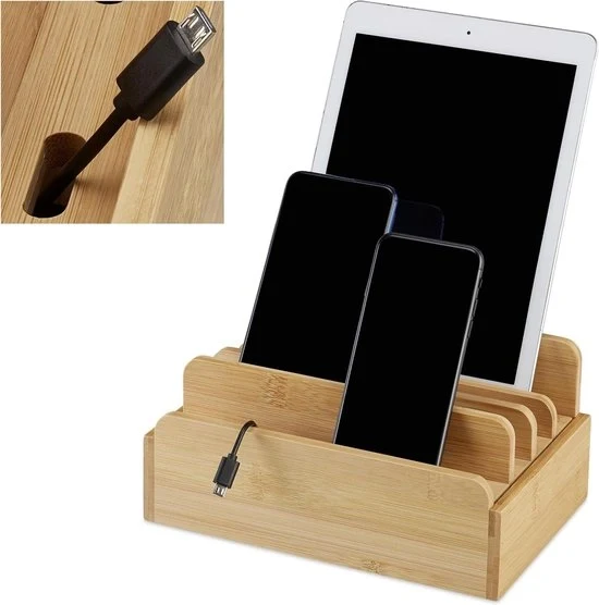 Caricatore per più dispositivi - bamboo - organizzatore di box cavo - HxBxD: 10x22.5x15 - naturale Caricatore