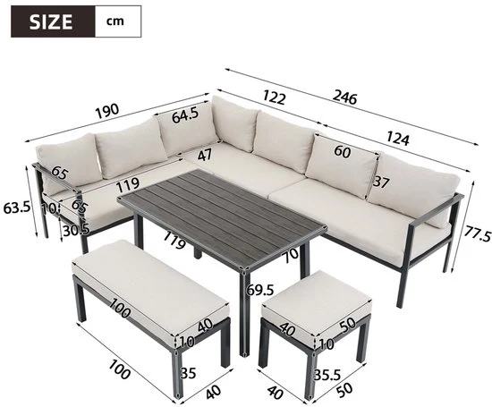 Set di Relax all'Aperto per 9 Persone - Bancone Angolare - Tavolo in Plastica - Tavolo in Legno