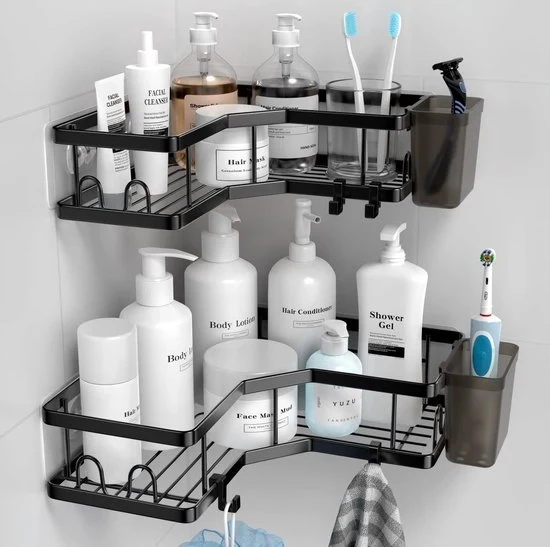 Organizzatore per la doccia senza fori, 2 pezzi, autofissante, angolare, organizzatore per la doccia in acciaio inossidabile con 4 ganci e 2 tenitori per dentifricio, pannello per la doccia nero, maniglione per la doccia per la stanza da bagno, cucina
