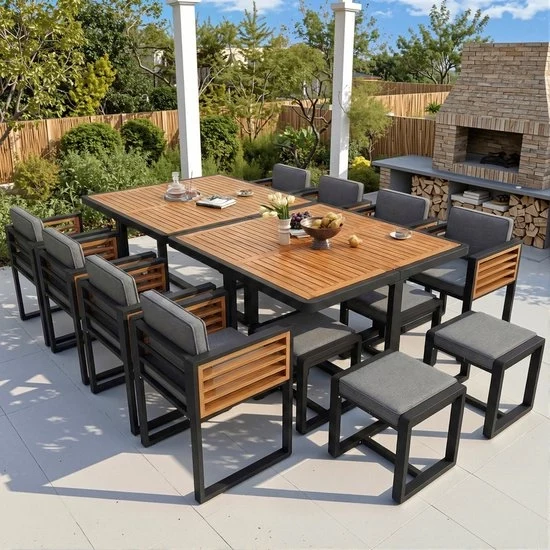 Set di Mobili da Giardino - Legno Massello - 12 Sedili - Tavolo - Arredamento per Balcone
