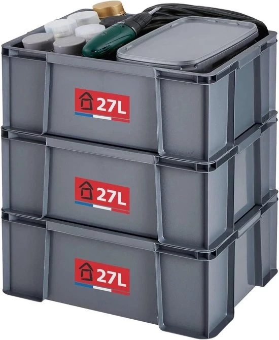 Set di contenitori di archiviazione da 3 - 27 litri - Realizzato con materiale riciclato - Facile da stivare e robusto - Ideale per la zona di lavoro e il fai da te