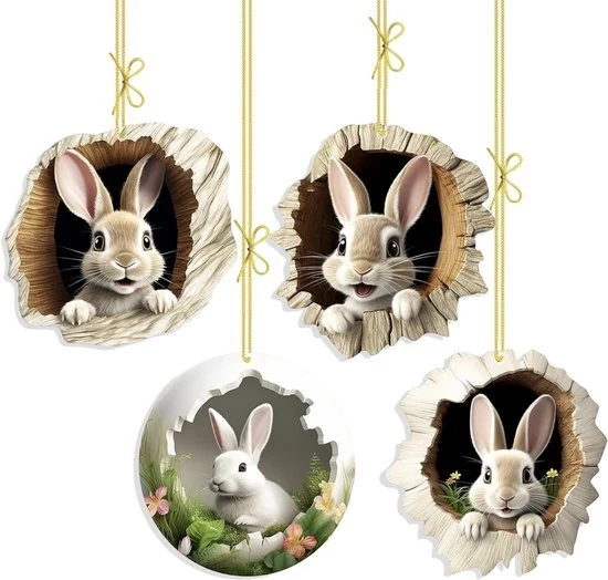 Set di 4 Pendenti Acrilici di Cricco - Decorazione di Pasqua 2D con Coniglio per Interno e Esterno - Ornamenti da Appendere per la Primavera