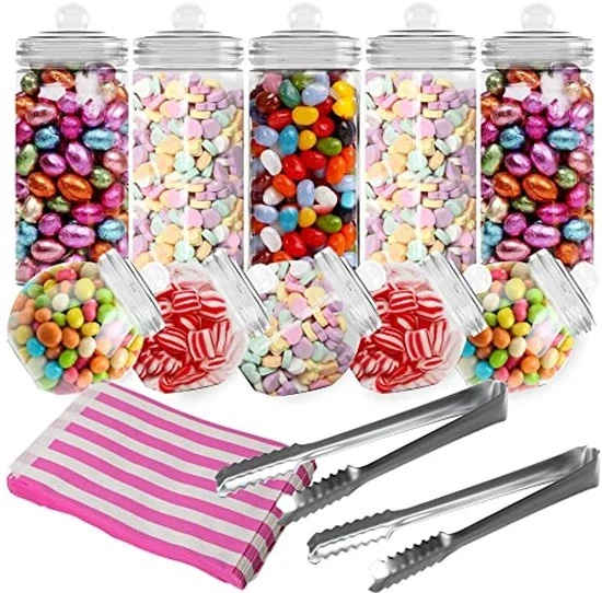 Set di Pappagomma Retro in Plastica - Contenitori per Frutta Leggeri con Coperchi - Stile Vittoriano Vintage, Kit di Buffet per Caramelle e Confetti per Feste con 2 Paletti & 50 Sacchetti di Carta Rosa a Strisce