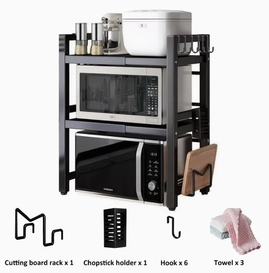 Magnetronrek Uitschuifbaar 3-Laags con 6 Haken, Theedoeken e Houders – Stelling Magnetron Verstelbare 40-64 cm – Kruidenrek e Snijplankhouder – Bianco/Nero
