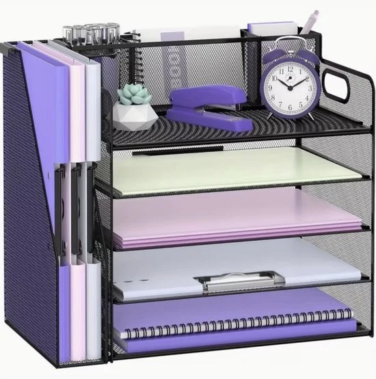 Organizzatore per ufficio in metallo a 5 livelli con supporto per documenti e 3 supporti per penna - cassettiera in rete - sistema di archiviazione multifunzionale per ufficio e casa