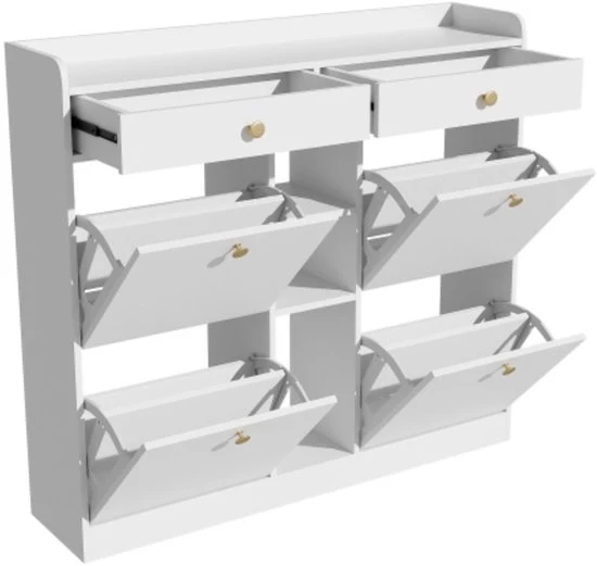 Cassettiere - Bianca - 4 Porte Scorrevoli - 2 Cassetti - 3 Spazi Aperti