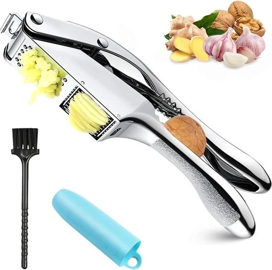 Knoflookpers 2 in 1 in acciaio inossidabile - con manico manuale e spazzola per la pulizia - resistente alla lavastoviglie