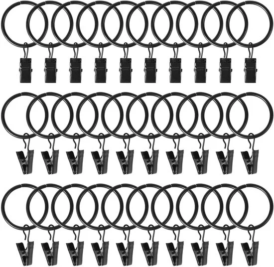 Anelli per tende con clip - 30 pezzi - Nero - Metallo