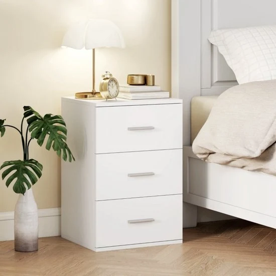 Cassettiere Notturna - MDF - Bianco - 3 Cassetti - Camera da Letto