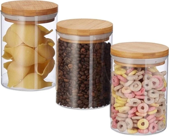 Contenitori di conservazione in vetro 3 pezzi - pasta riso muesli chicchi di caffè - 600 ml - bambù naturale Contenitori per erbe