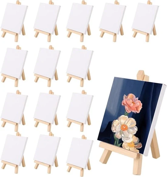 Mini pennelli da pittura con tela - 15 pezzi - Tavole per pennelli da pittura in legno - 10x10 cm