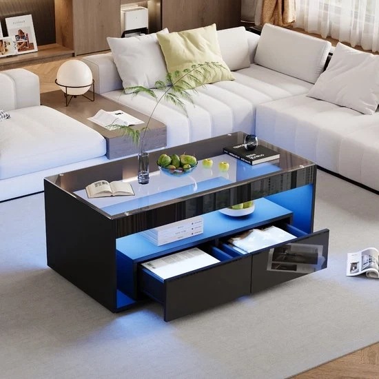 Tavolo salotto - Vetro resistente - 16 colori LED - 2 cassetti grandi - Doppia superficie