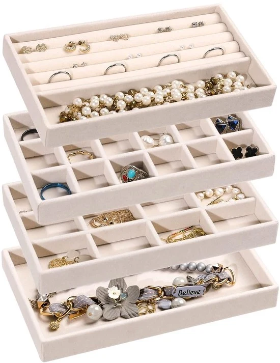 Organizzatore di gioielli di tavolo da notte - Cassetti in velluto stivellabili - Set da 4 - Beige