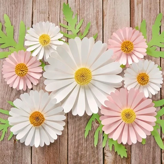 Set di 7 Fiori 3D in Carta - Decorazione di Fiori Bianchi e Rosa - Fiori Artificiali per Parete, Salotto, Camera da Letto, Camera dei Bambini e Festa di Primavera