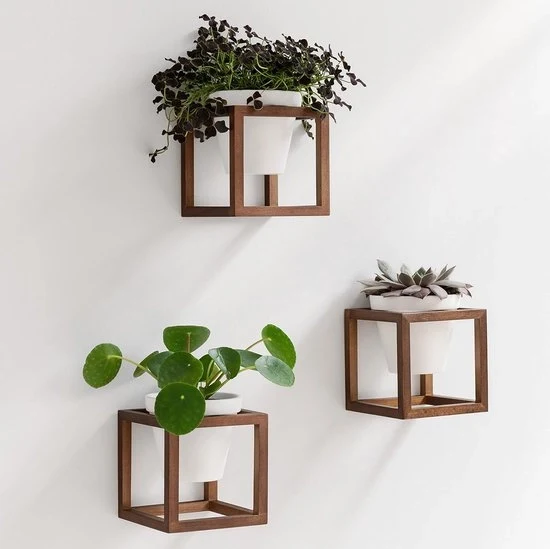 Set di vasi a muro per piante - 2 pezzi - marrone di noce - legno e ceramica