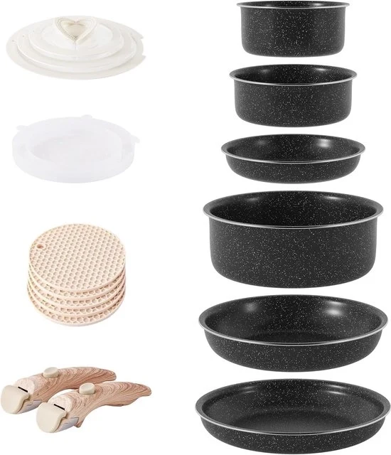 Set di Induzione con Manici Rimovibili - Insieme di Cucina - 5 Pezzi - Pietra - Superficie Antiscivolo