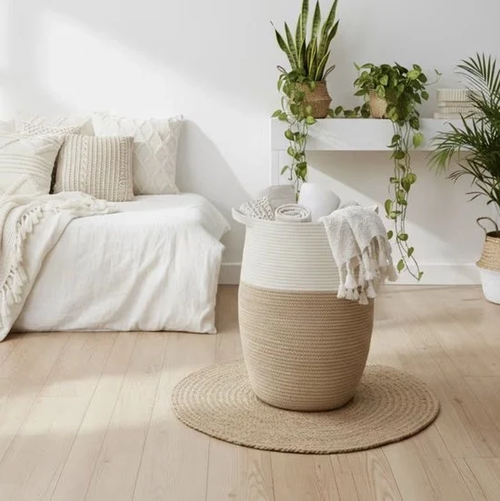 Wascio in Rattan con Tasca Interna in Tessuto, 65×45×35 cm