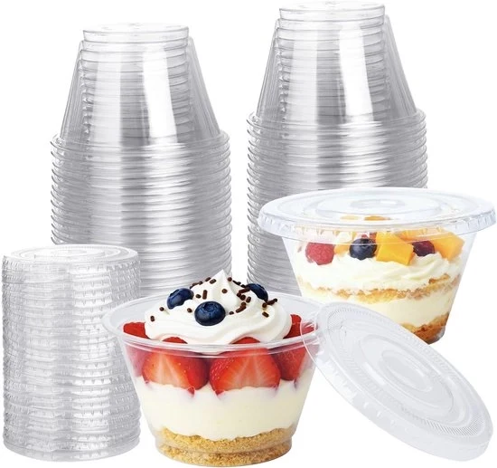 Torteletti in Plastica 200 ml – 50 Pezzi – Rondi con Coperchi Piani Senza Foro – Tazze di Caffè Riciclabili Translucide per Mousse, Gelato, Torta & Feste