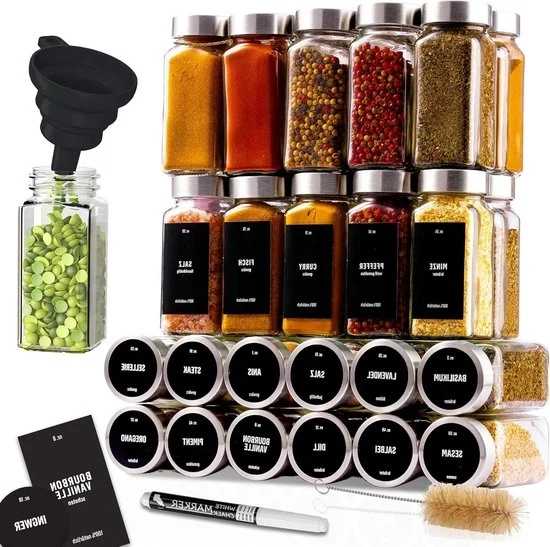 Set di 24 contenitori per erbe con coperchio a vite - Kit completo per erbe - Pennello per pulire con bocchetta - Adatti ai nostri 4 ripiani per erbe - Dose da 120ml - 105x43cm contenitori per erbe quadrati