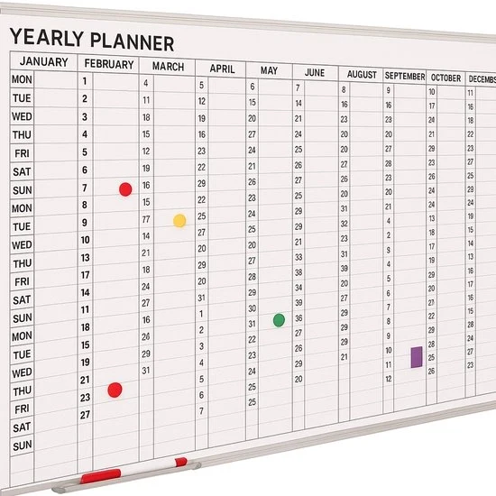 Tavolo bianco 60x90cm – Tavolo magnetico – Laminato in acciaio – Calendario annuale – Incluso calendario mensile, calendario settimanale e righe numeriche – Inglese