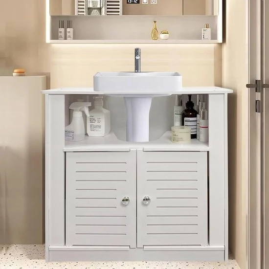 Cassetto WC - stante libero - con 2 porte - bianco - legno