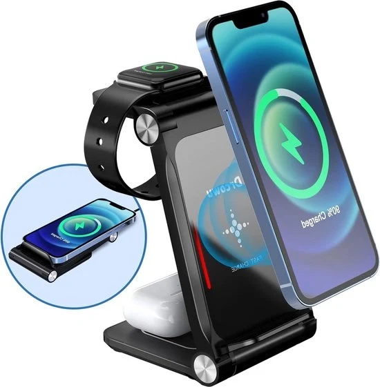 Stazione di ricarica portatile 3 in 1 - Qi - compatibile con iPhone 15 14 - Apple Watch 7/6 - Samsung S21 S9 - AirPods Pro - modello Oplaadstation html content