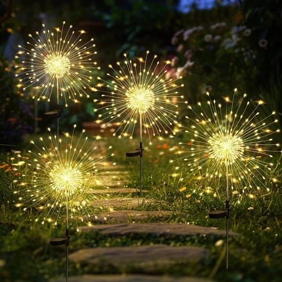 Set di illuminazione solare per esterni da 4 – 120 LED lampade a effetto pirotecnico – Design Dandelion – Lampade solari resistenti alle intemperie – Ideali per balcone, patio, giardino, vasi fiorali e decorazione giardino