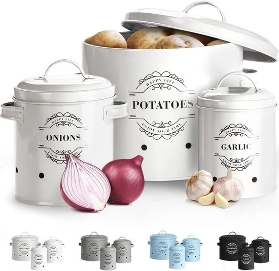 Set di 3 contenitori di conservazione - contenitore per l'aglio, contenitore per l'cipolla e contenitore per patate - Bianco - Ceramica