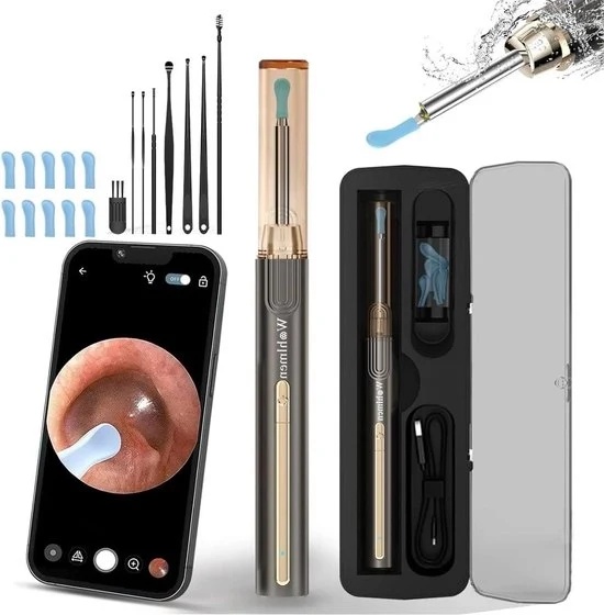Otoscoop con rimozione delle secrezioni con camera HD 1920p - 6 LED - compatibile con iOS e Android - pulitore dell'orecchio - 10 coperture in silicone per orecchie - per adulti, bambini e cani.