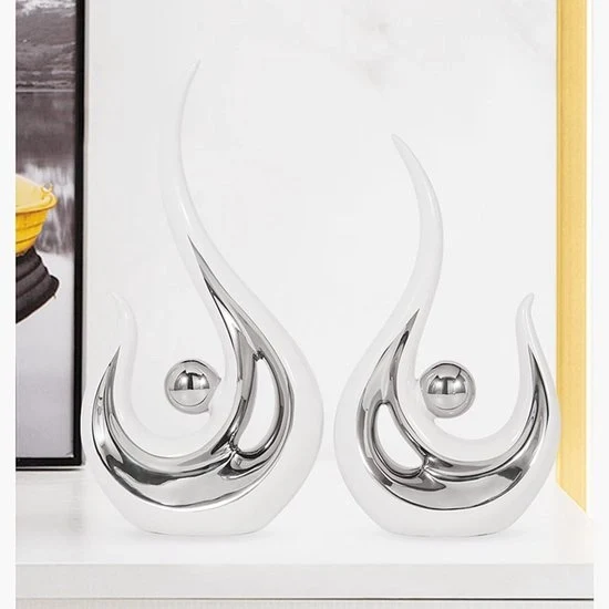 Decorazione da parete in ceramica - set da 2 pezzi - bianco e argento - ceramica