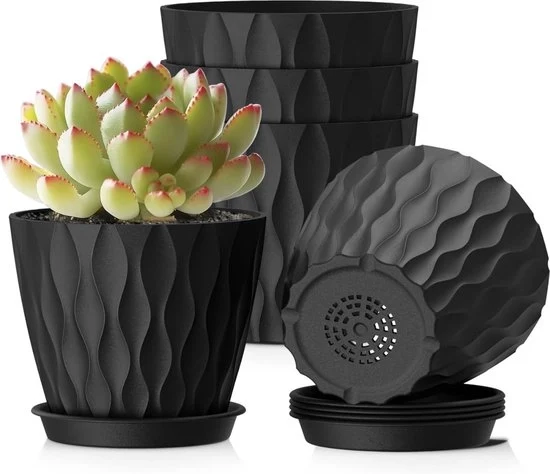 Set di 5 Vasi di Fiori Neri 10,2 cm | Pots di Plastica Spessa con Fessure di Drenaggio e Coperchi | Tessuto di Onda 3D | Per Piante Grassicce, Erbe, Cactus e Piccole Piante da Interno