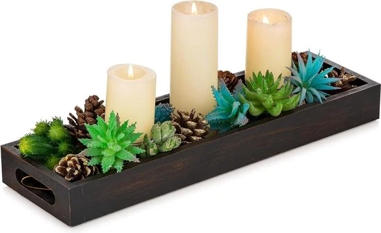 Dienblad rustico in legno di forma rettangolare con maniglie - servizio decorativo per casa - piatto per candele per tavolo salotto - scodella in legno nero marrone 70x70 cm.