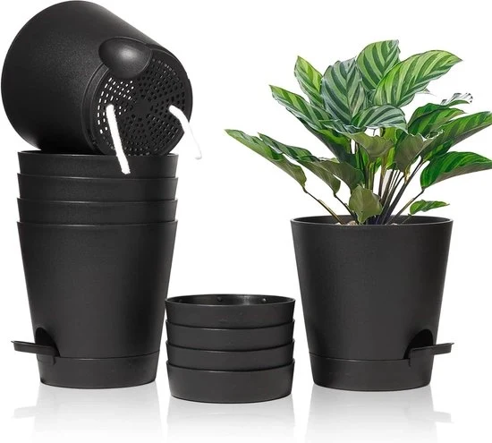 Set di Vasi in Plastica Neri - Set di 6 - Con Sistema di Irrigazione - 6,5cm