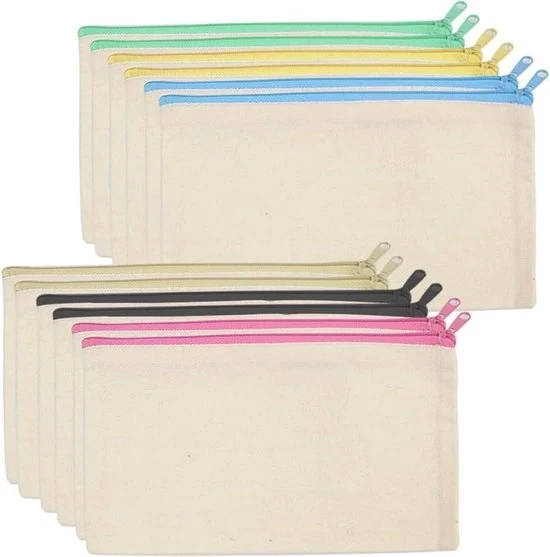 12 borse da trucco in tela con chiusura a zip - pennelli e pennini - cosmetici - contenitori da viaggio 21 x 12 cm