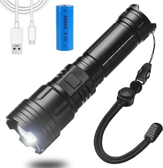 Lanterna militare - Lanterna - Lanterne - 3 modalità di illuminazione regolabili - Funzione di ingrandimento - Ricaricabile via USB C - 12000 Lumen - Impermeabile - Nero