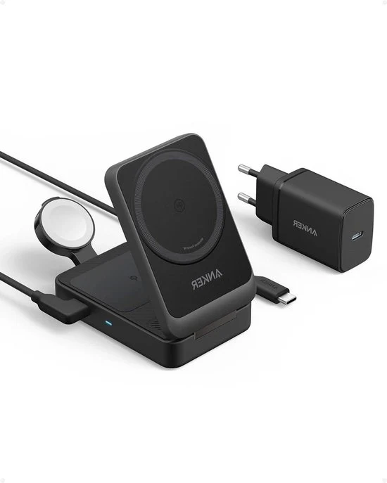 Stazione di ricarica 3 in 1 MagGo - Certificato Qi2 - 15 W stazione di ricarica wireless MagSafe - Caricatore per Apple Watch - iPhone 14/15 AirPods - Apple Watch 9 - inclusa caricatrice USB-C 40W Stazione di ricarica