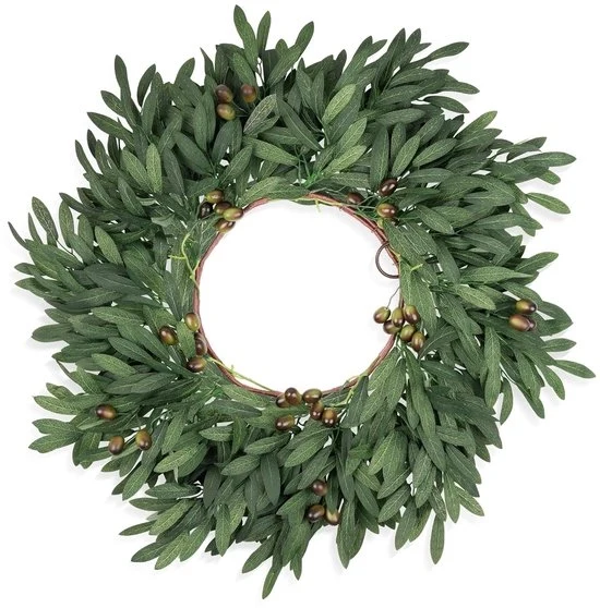Decorazione a forma di corona di olivo - decorazione per l'intero anno - 1 pezzo - verde - seta e schiuma