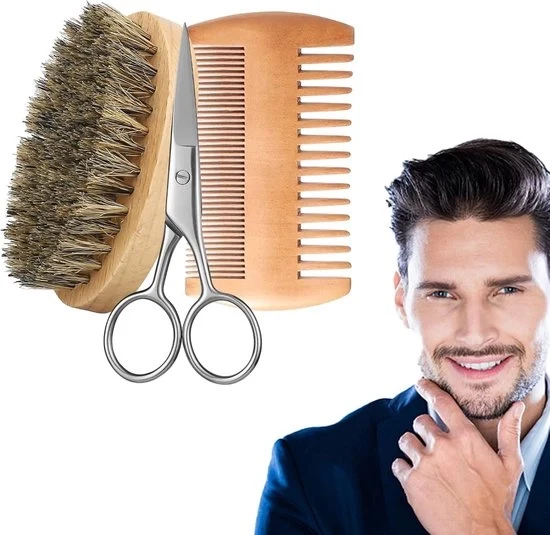 Set di spazzola e spazzola per uomini - cura della barba - 3 pezzi - legno e setole di cinghiale