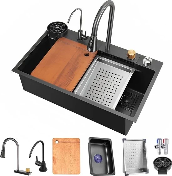 Ottimizza la tua cucina con la nostra vasca da doccia in acciaio inossidabile nero (80 x 45 cm) - Compresa di rubinetto estraibile e accessori!