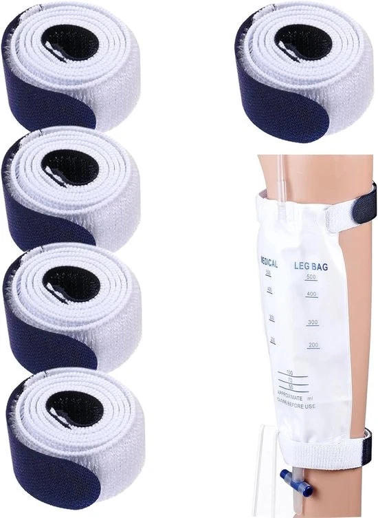 Set di sacchi per catetere - lunghezza totale 66,5 cm - sacchetto urinario bianco - cintura e holder per catetere - dispositivo di stabilizzazione per catetere - holder e tubo per sacchetto urinario - staffe per gamba con cintura - 4 pezzi